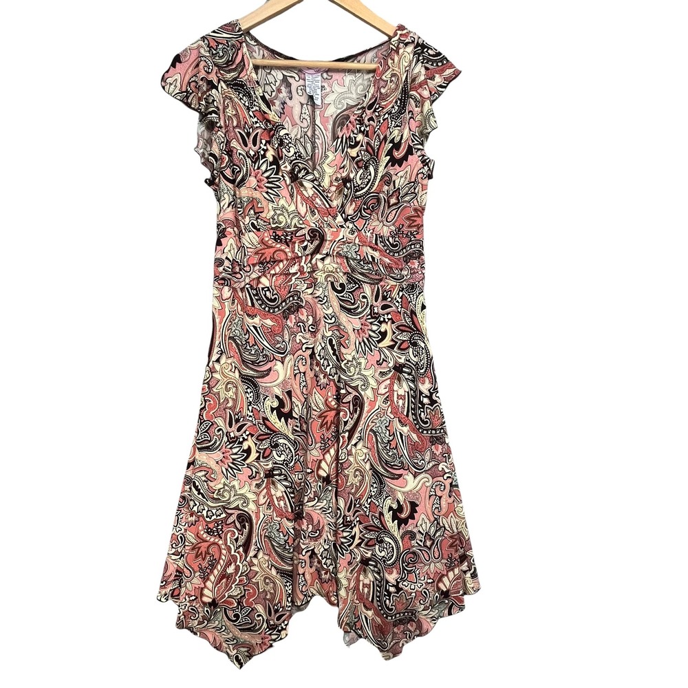 Vol. 1 Womens 90s Paisley Faux Wrap Handkerchief Hem Midi Dress Coral Brown L‎